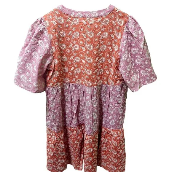NWT Voy Paisley Colorblock Boho Cotton Tiered Dress~V-Neck/Puff Sleeves~SMALL - Picture 5 of 9